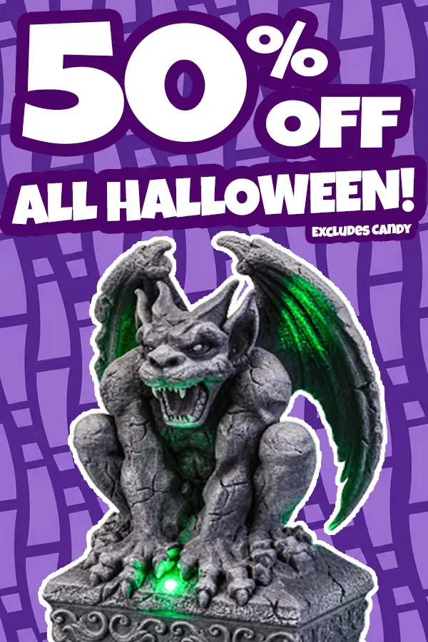 50% off Halloween items excluding candy; 75% off apparel and accessories